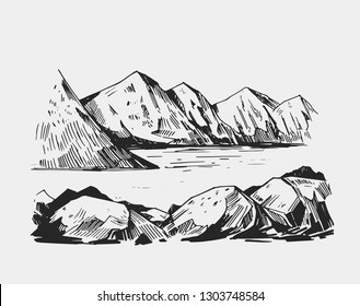 Wild natural landscape with lake, rocks, trees. Hand drawn illustration converted to vector.  