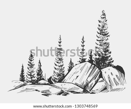 Wild natural landscape with lake, rocks, trees. Hand drawn illustration converted to vector.  