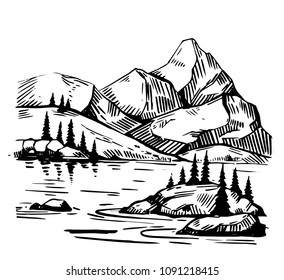 Wild natural landscape with mountains, lake,  rocks. Hand drawn illustration converted to vector. Great for travel ads, brochures, labels, flyer decor, apparel, t-shirt print. 