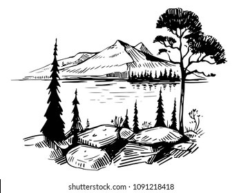 Wild natural landscape with mountains, lake, pines, rocks. Hand drawn illustration converted to vector. Great for travel ads, brochures, labels, flyer decor, apparel, t-shirt print. 