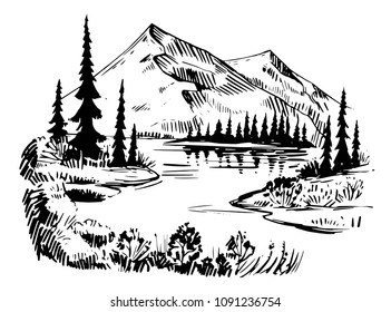 Wild natural landscape with mountains, lake, pines, rocks. Hand drawn illustration converted to vector. Great for travel ads, brochures, labels, flyer decor, apparel, t-shirt print. 