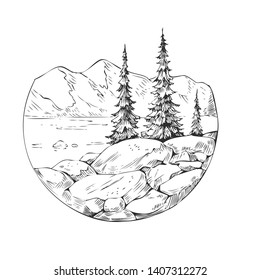 Wild natural landscape with mountains, lake, pines, rocks. Hand drawn illustration converted to vector. Great for travel ads, brochures, labels, flyer decor, apparel, t-shirt print. 