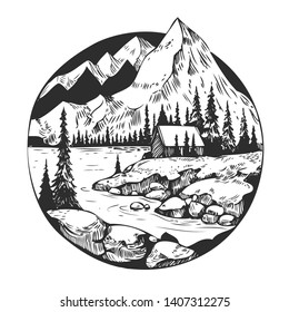 Wild natural landscape with mountains, lake, pines, rocks. Hand drawn illustration converted to vector. Great for travel ads, brochures, labels, flyer decor, apparel, t-shirt print. 