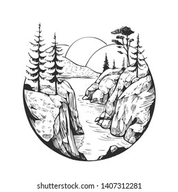 Wild natural landscape with mountains, lake, pines, rocks. Hand drawn illustration converted to vector. Great for travel ads, brochures, labels, flyer decor, apparel, t-shirt print. 