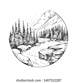 Wild natural landscape with mountains, lake, pines, rocks. Hand drawn illustration converted to vector. Great for travel ads, brochures, labels, flyer decor, apparel, t-shirt print. 