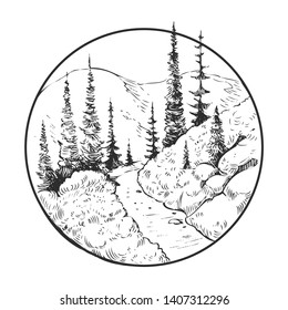 Wild natural landscape with mountains, lake, pines, rocks. Hand drawn illustration converted to vector. Great for travel ads, brochures, labels, flyer decor, apparel, t-shirt print. 