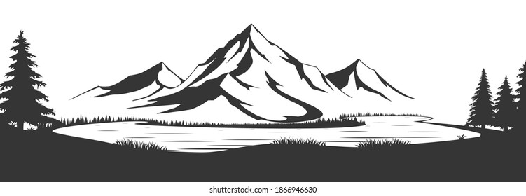 Wild natural landscape with mountains, lake, rocks. Illustration converted to vector. Great for travel ads, brochures, labels, flyer decor, apparel, t-shirt print. Vector illustration