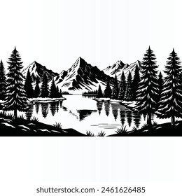 Wild natural landscape with mountains, lake, rocks. Hand drawn illustration