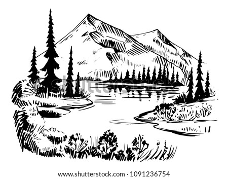 Wild natural landscape with mountains, lake, pines, rocks. Hand drawn illustration converted to vector. Great for travel ads, brochures, labels, flyer decor, apparel, t-shirt print. 