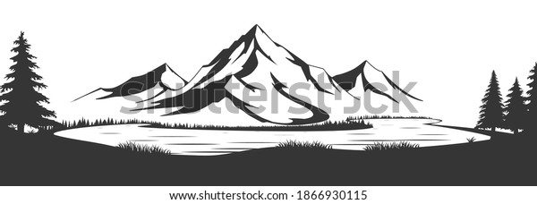 Wild natural landscape with mountains, lake, rocks. Illustration converted to vector. Great for travel ads, brochures, labels, flyer décor, apparel, t-shirt print. Vector illustration.