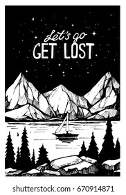 Wild natural landscape with mountains, lake,stars, night sky, pines, rocks. Hand drawn illustration converted to vector. 