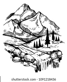 Wild natural landscape with mountains, river, pines, rocks. Hand drawn illustration converted to vector. Great for travel ads, brochures, labels, flyer decor, apparel, t-shirt print. 