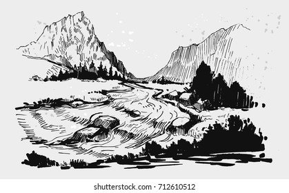 Wild natural landscape with mountains and river. Hand drawn illustration converted to vector.