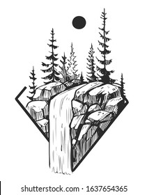 Wild natural landscape. Tattoo sketch. Transparent background. Hand drawn illustration converted to vector. Great for travel ads, brochures, labels, flyer decor, apparel, t-shirt print. 