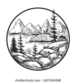 Wild natural landscape. Tattoo sketch. Transparent background. Hand drawn illustration converted to vector. Great for travel ads, brochures, labels, flyer decor, apparel, t-shirt print. 