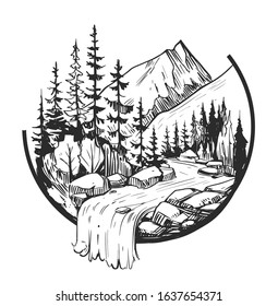 Wild natural landscape. Tattoo sketch. Transparent background. Hand drawn illustration converted to vector. Great for travel ads, brochures, labels, flyer decor, apparel, t-shirt print. 