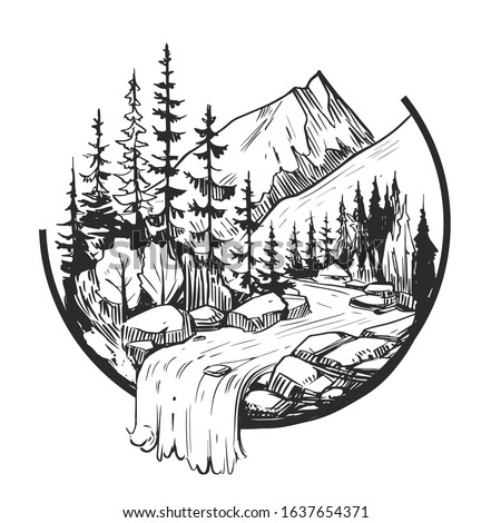 Wild natural landscape. Tattoo sketch. Transparent background. Hand drawn illustration converted to vector. Great for travel ads, brochures, labels, flyer decor, apparel, t-shirt print. 