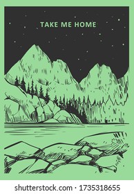Wild natural landscape. Transparent background. Hand drawn illustration converted to vector. Great for travel ads, brochures, labels, flyer decor, apparel, t-shirt print. 