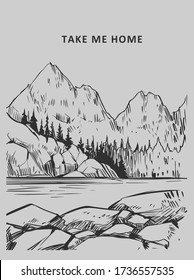 Wild natural landscape. Transparent background. Hand drawn illustration converted to vector. Great for travel ads, brochures, labels, flyer decor, apparel, t-shirt print. 