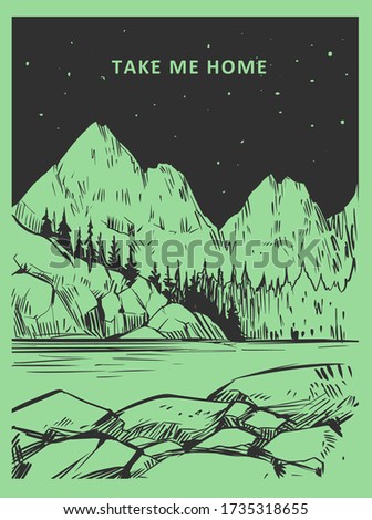 Wild natural landscape. Transparent background. Hand drawn illustration converted to vector. Great for travel ads, brochures, labels, flyer decor, apparel, t-shirt print. 