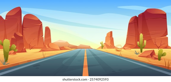 Wild nature of Africa or Arizona with asphalt highway. Vector savannah landscape with road, mountains, cactuses, western gorge, hills. Safari trip. Panoramic background. Mexico hot sand desert