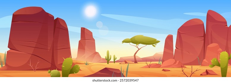 Wild nature of Africa or Arizona. Vector savannah landscape with rock, mountains, cactuses, western gorge, trees and desert. Safari trip. Panoramic background. Mexico hot sand desert. Grand canyon