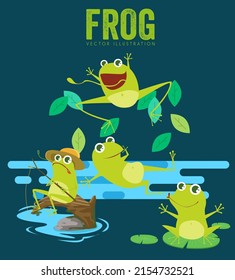 Wild nature background stylized green frogs icons