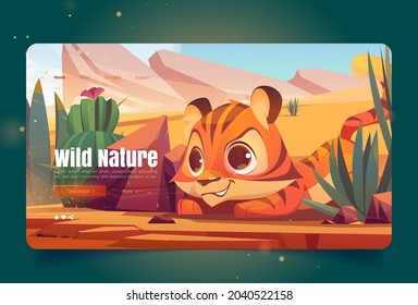 Wild nature banner with tiger sneaks in desert. Vector landing page with cartoon illustration of sand desert with cactuses, stones and cute tiger. Predator hides and hunts in savanna