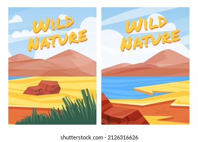 Wild nature card design. Cartoon savannah landscapes with sand, lake and stones. Vector travel and adventure concept.