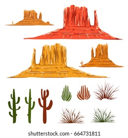 Wild nature cartoon elements of mexican or desert landscape, vector illustration