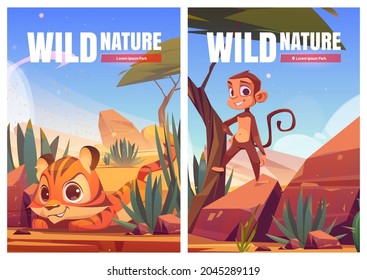 Wild nature cartoon posters. Funny monkey and tiger cub in African desert natural landscape. Ape and baby predator life in outdoor zoo park, safari in Africa, save animals concept, vector illustration