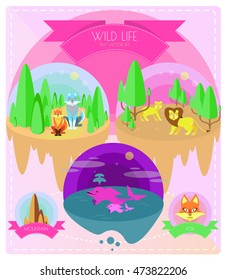 wild nature colorful vector set. Include landscape, animals, logotypes and stuff. All objects are separated and easy to use