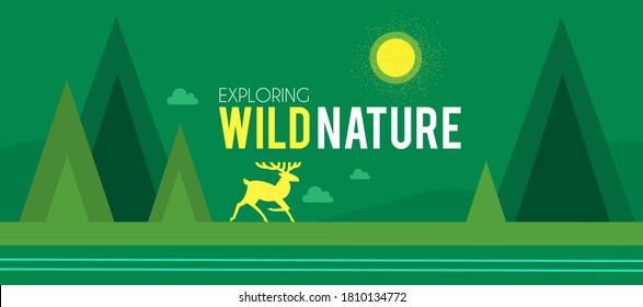 Wild nature design template. Deer in forest with mountain, sun and clouds. Eco save simple design template.