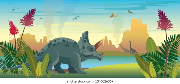 Wild nature with dinosaurs, green ferns, lake and mountains. Prehistoric illustration with extinct animals and plants. Vector nature landscape with triceratops, diplodocus and pterodactyls. 