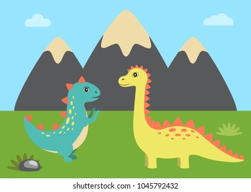 Wild nature and dinosaurs set, mountain and sky with clouds, grass and dinosaurs with spikes on back vector illustration isolated on green background