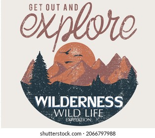 Wild nature explore vector t shirt design. Retro wild life graphic print artwork.