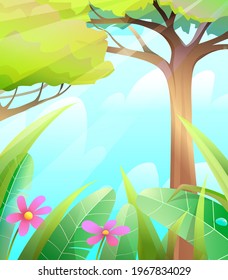 Wild nature fairy tale forest with trees and grass colorful summer background for children. Summertime blue sky and green leaves vector frame background.