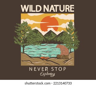 Wild nature graphic artwork for t shirt and others. Never stop explore graphic print design for apparel, sticker, background, poster and others.