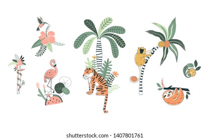 Wild nature hand drawn vector illustrations set. Exotic flora and fauna. Tiger, flamingo. Tropical animals and flowers. Cute monkey, sloth. Jungle animals poster, t shirt prints, design elements