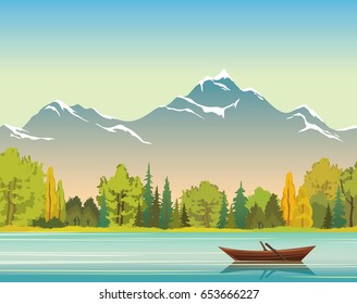 Wild nature illustration. Vector autumn landscape with wooden boat, calm lake, forest and mountains with snow. 