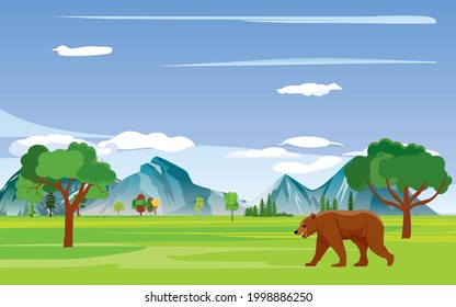 Wild nature landscape. bear walking in the land, vector illustration