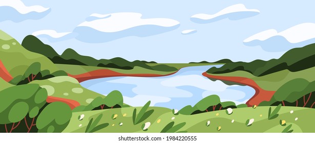 Wild nature landscape with green grass, water, sky, and clouds. Panoramic summer scenery with river, lake, flowers, and plants in good warm weather. Colored flat vector illustration of scenic view.