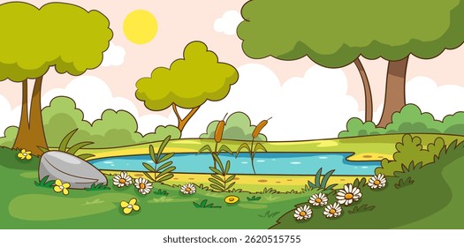 Wild nature landscape with green grass, water, sky and clouds. Panoramic summer view with river, lake, flowers and plants in good warm weather. Colorful flat vector illustration of scenic view