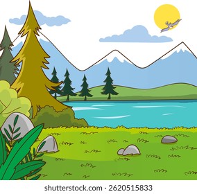 Paisagem natural selvagem com grama verde, água, céu e nuvens. Vista panorâmica de verão com rio, lago, flores e plantas em bom tempo quente. Vetor plano colorido ilustração de vista cênica