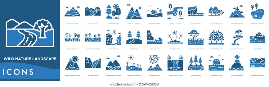 Wild Nature Landscape icon set. Mountain Valley View, Wild River Flow, Sunset Forest Scene, Snowy Mountain Peaks and Desert Dune Horizon