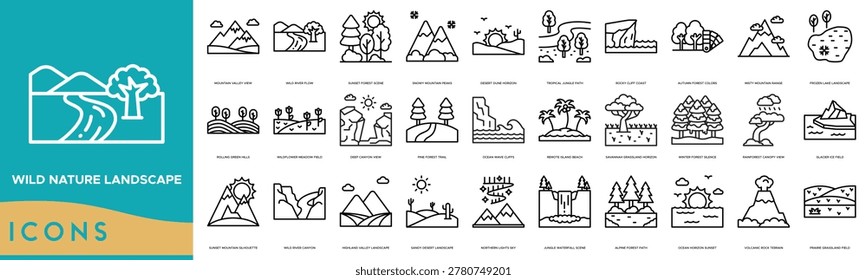 Wild Nature Landscape icon set. Mountain Valley View, Wild River Flow, Sunset Forest Scene, Snowy Mountain Peaks, Desert Dune Horizon, Tropical Jungle Path, Rocky Cliff Coast and Autumn Forest Colors