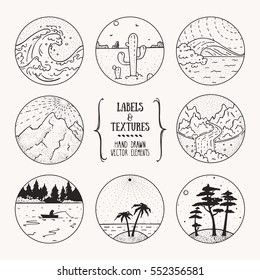 Wild nature landscape, outdoor recreation, hiking activity labels. Artistic collection of hand drawn design elements, inked textures and patterns. Poster, banner, flyer decor, apparel, t-shirt print.