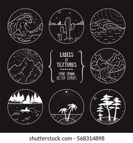 Wild nature landscape, outdoor recreation, hiking activity labels. Artistic collection of hand drawn design elements, inked textures and patterns. Poster, banner, flyer decor, apparel, t-shirt print.