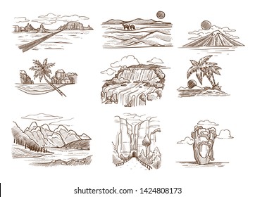 Wild nature landscape sketches seascape mountain and desert vector Texas highway and Sahara with camels mountain and beach waterfall and coast valley and island palm trees and rocks ocean and river