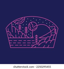 Wild Nature Landscape with Space Background Monoline Design for Apparel